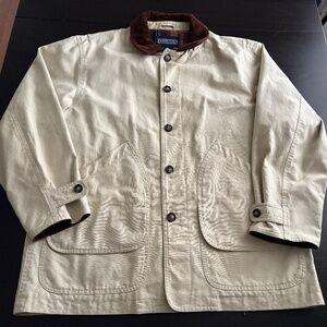 Mens Lands End Cream Brown Lined Chore Barn Jacket Size Medium